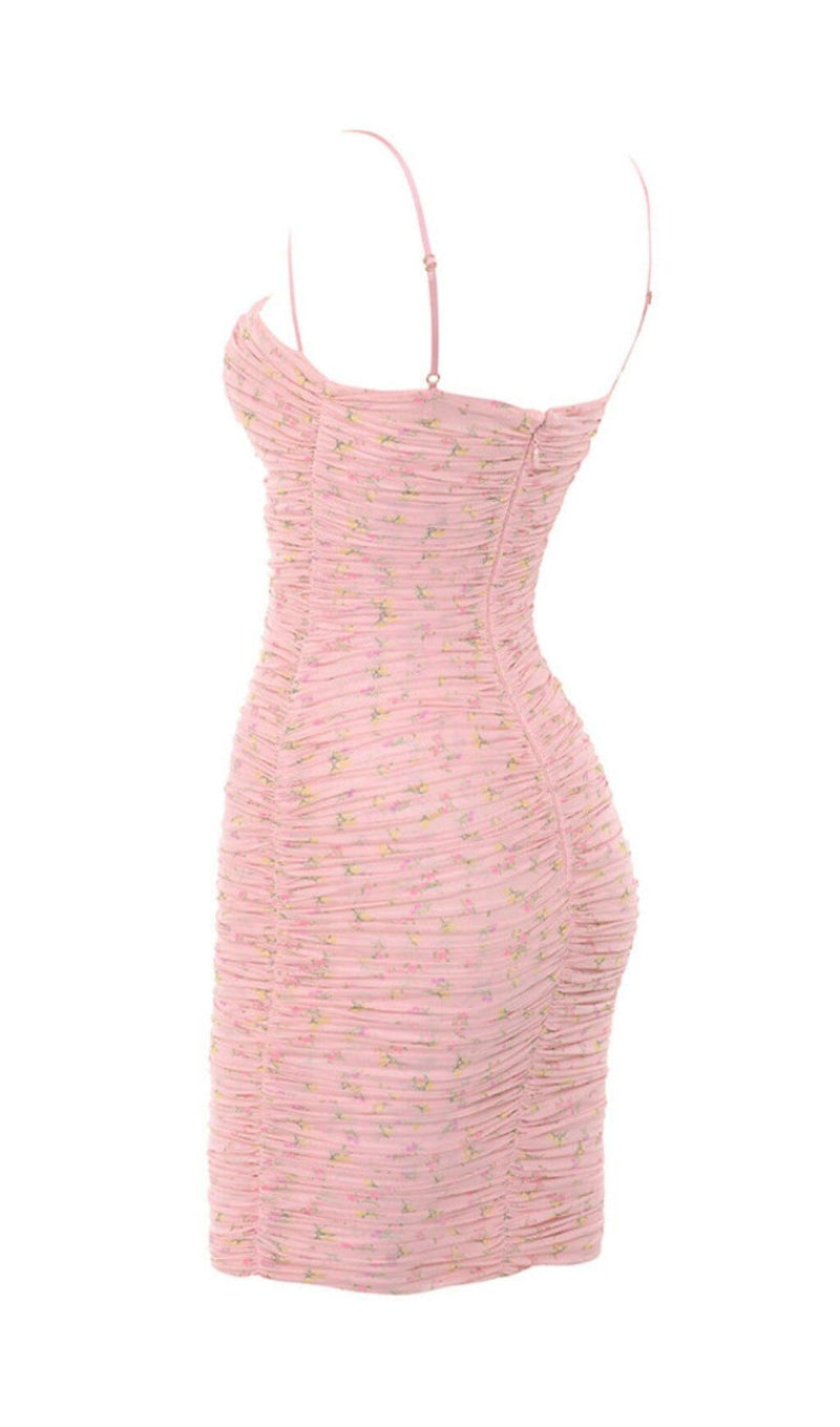 PINK FLORAL RUCHED ORGANZA MESH MINI DRESS