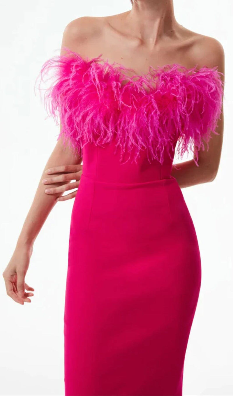 FEATHER BODYCON MAXI DRESS IN PINK