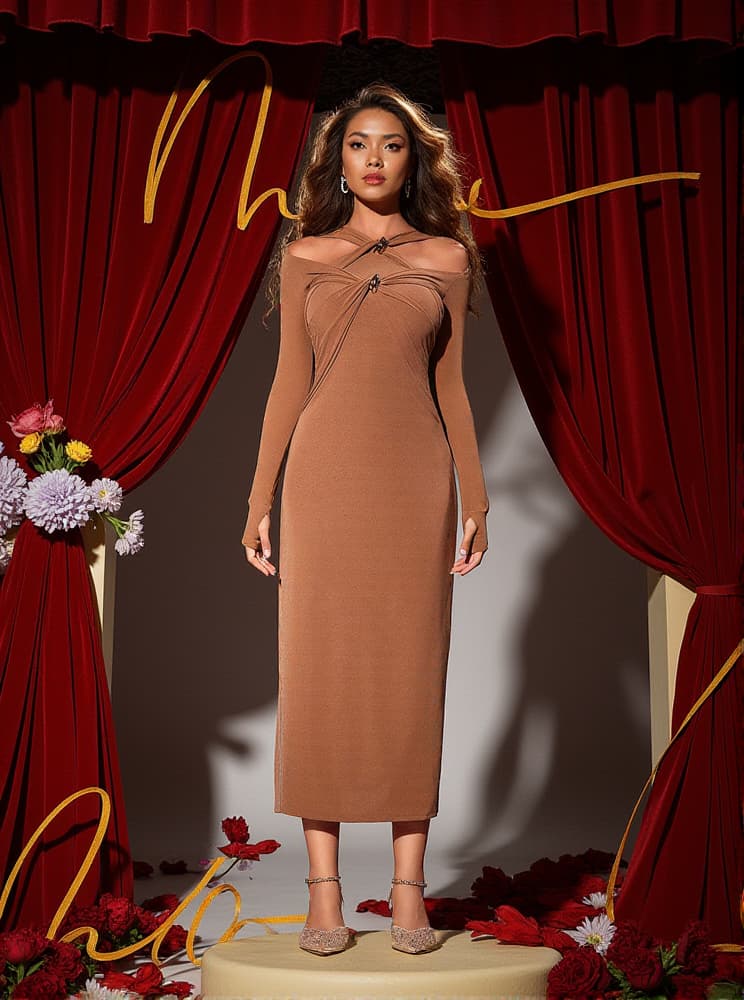 Zisa Long Sleeve Twisted Dress In Brown