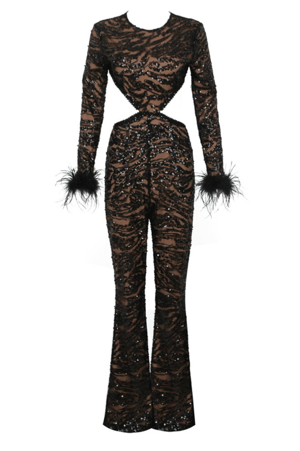 BLACK SEXY BACKLESS SEQUINED FEATHER JUMPSUIT