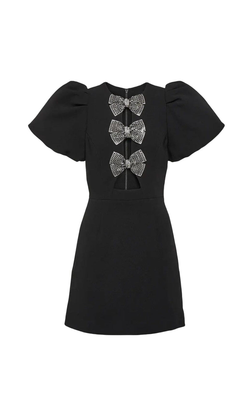 BLACK SHORT SLEEVE ROUND NECK BOW HOLLOW MINI DRESS