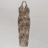 HALTER MAXI PRINT DRESS IN BROWN