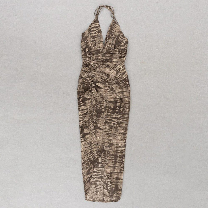 HALTER MAXI PRINT DRESS IN BROWN