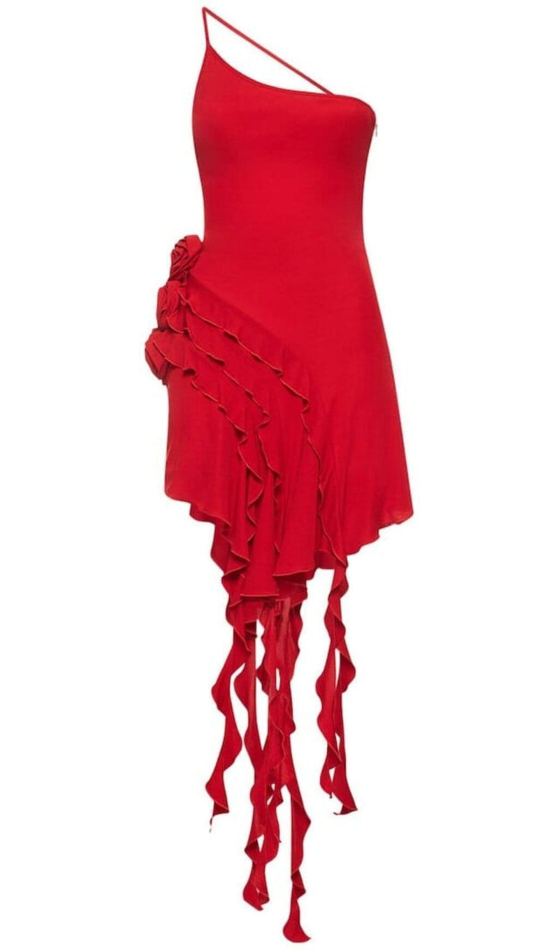 ROSE-DETAIL RUFFLED MINI DRESS IN RED