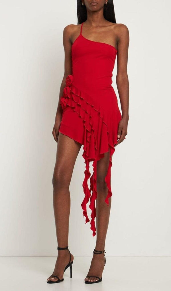 ROSE-DETAIL RUFFLED MINI DRESS IN RED