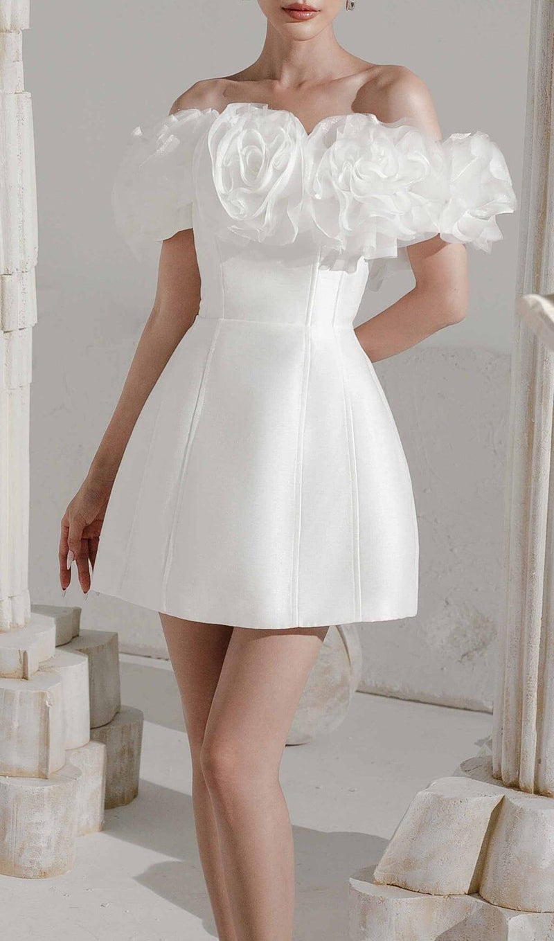 3D FLORAL ONE-SHOULDER MINI DRESS IN WHITE