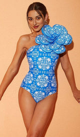 3D Flower One Shoulder Printed One Piece Swimsuit and Skirt