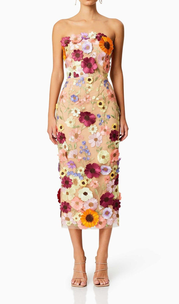 3D FLOWER STRAPLESS MIDI DRESS