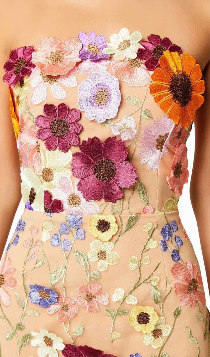 3D FLOWER STRAPLESS MIDI DRESS