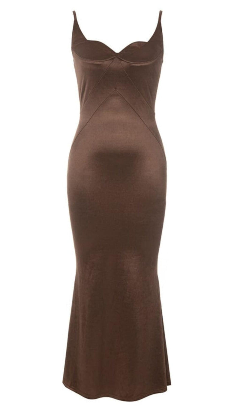 SATIN SPLIT MAXI DRESS IN BROWN