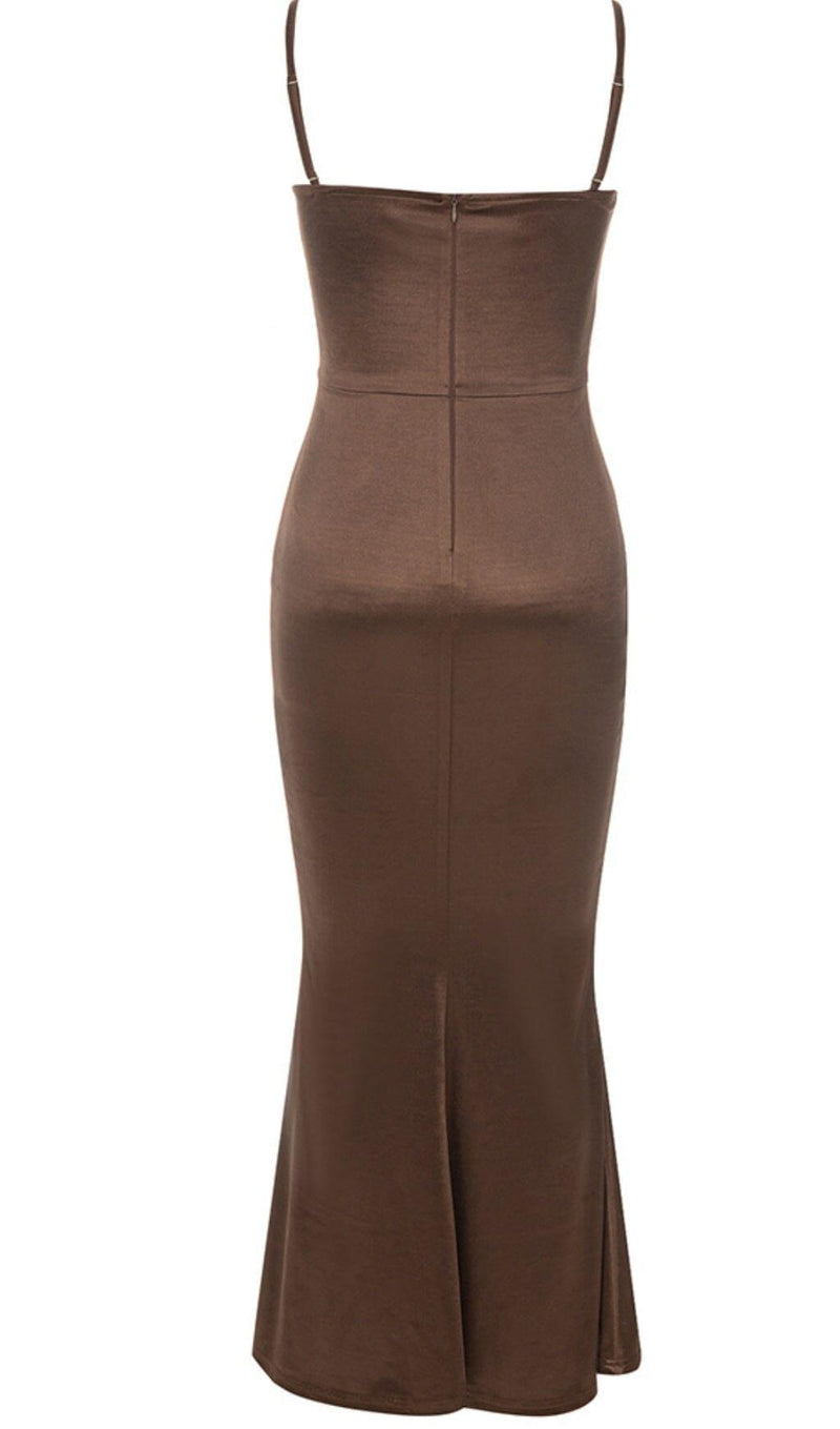 SATIN SPLIT MAXI DRESS IN BROWN