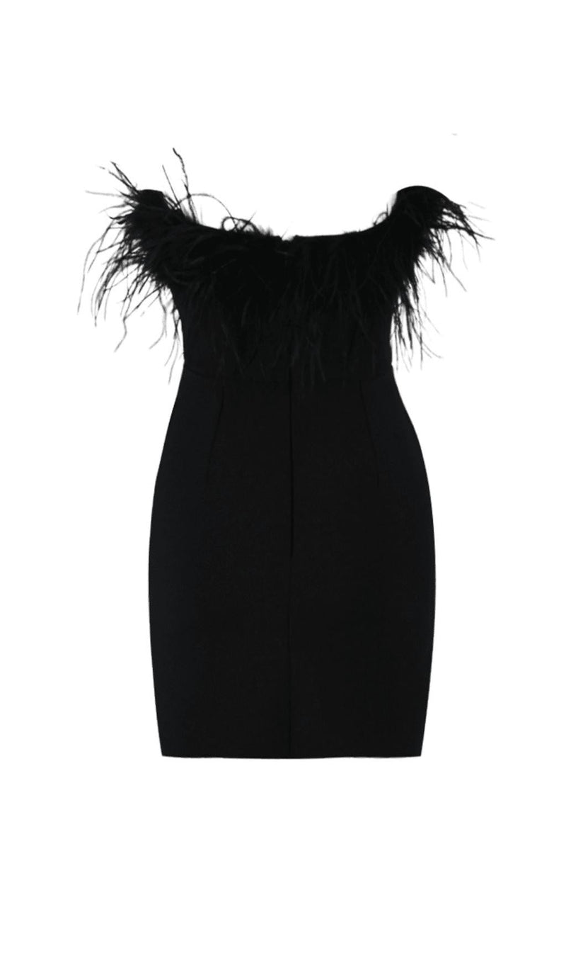 BLACK BANDEAU FEATHER MINI DRESS