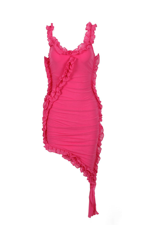 PINK OFF SHOULDER RUFFLE BANDAGE DRESS