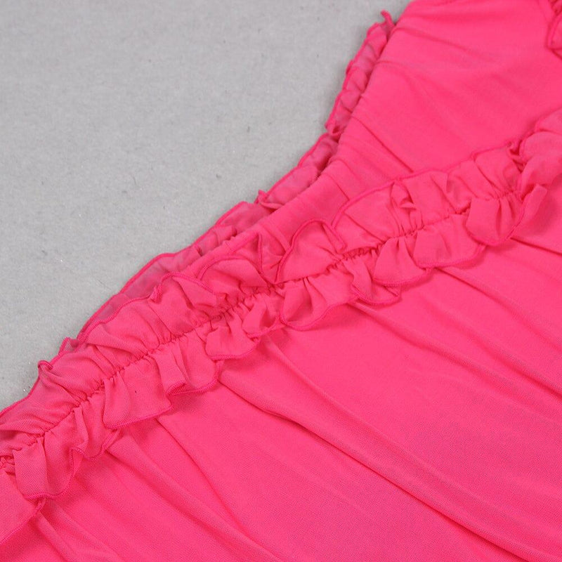 PINK OFF SHOULDER RUFFLE BANDAGE DRESS