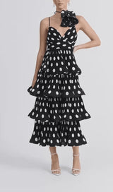 POLKA-DOT RUFFLE TRIM TIERED MIDI DRESS