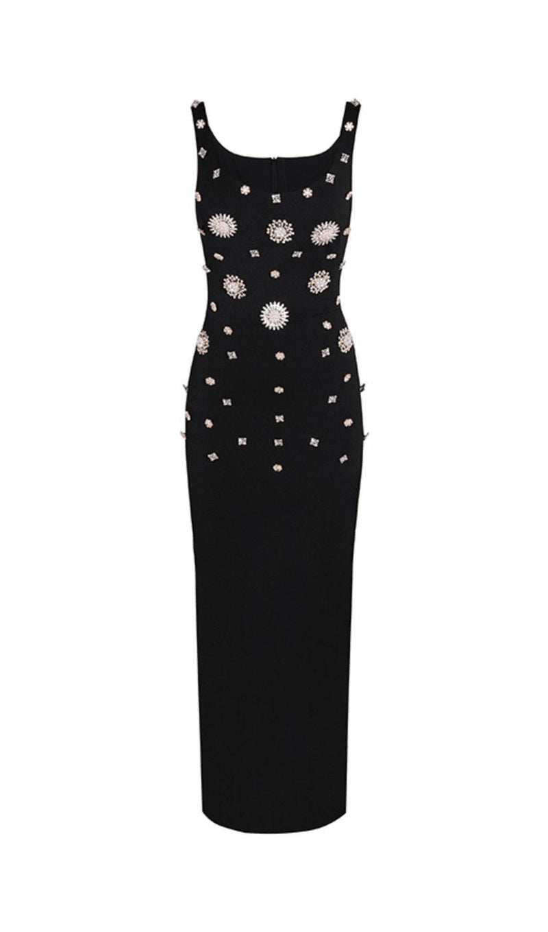 BROOCH-EMBELLISHED SCOOPNECK GOWN IN BLACK