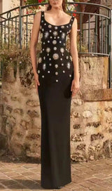 BROOCH-EMBELLISHED SCOOPNECK GOWN IN BLACK