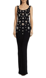 BROOCH-EMBELLISHED SCOOPNECK GOWN IN BLACK