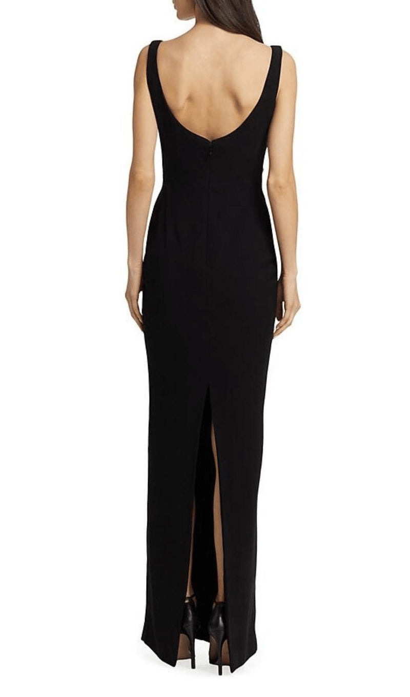 BROOCH-EMBELLISHED SCOOPNECK GOWN IN BLACK