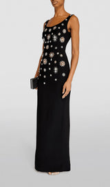 BROOCH-EMBELLISHED SCOOPNECK GOWN IN BLACK