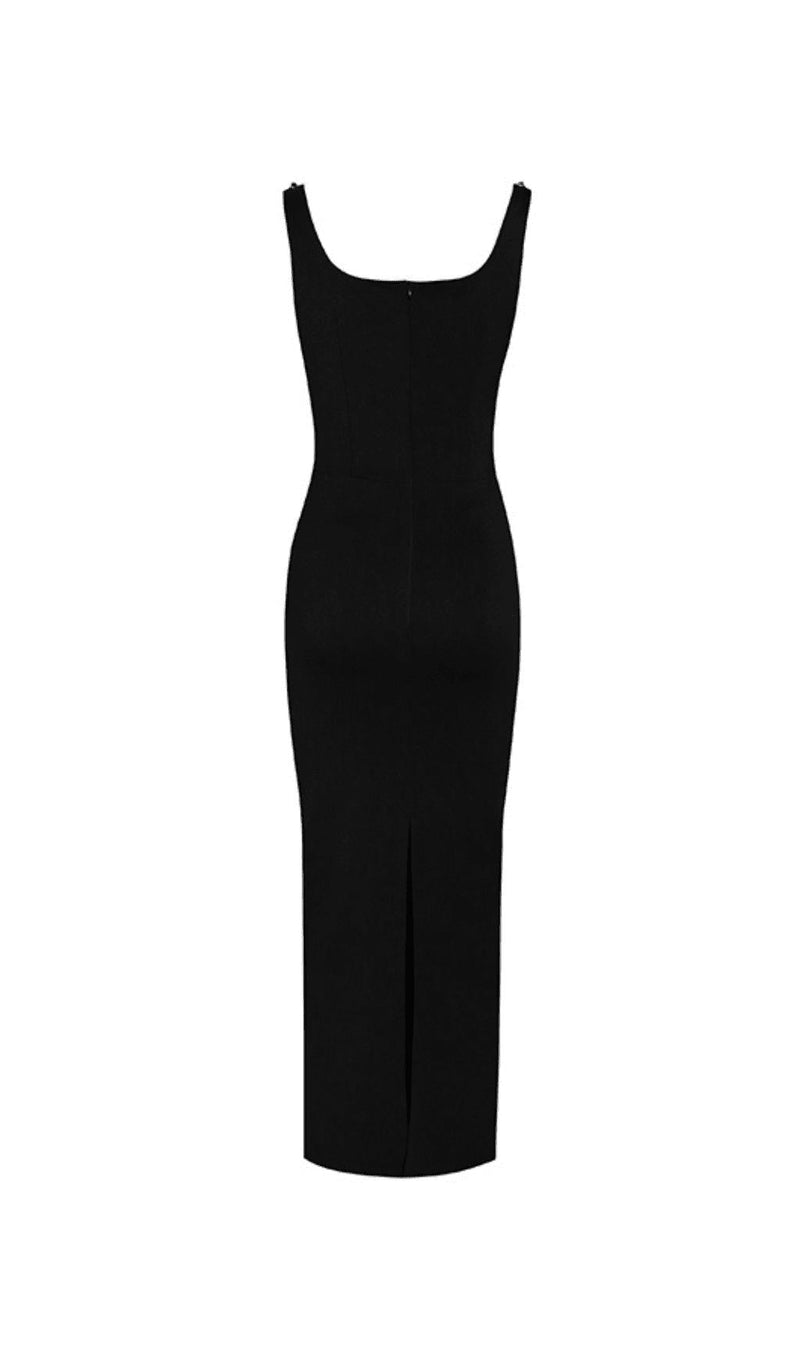 BROOCH-EMBELLISHED SCOOPNECK GOWN IN BLACK