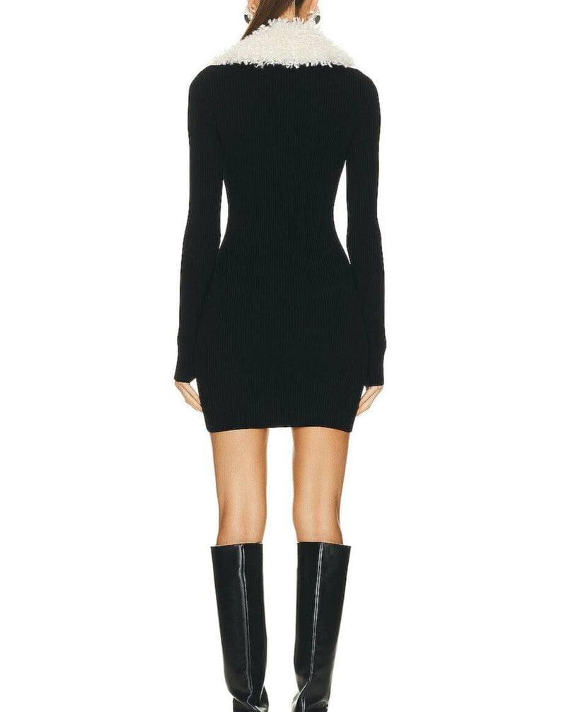 FLUFFY COLLARED ZIP DETAILED KNIT MINI DRESS