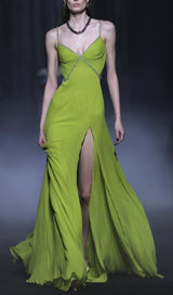 GREEN PLEATED SLIT MAXI DRESS