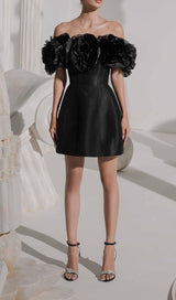 3D FLORA STRAPLESS MINI DRESS IN BLACK