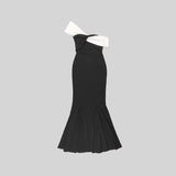 ASYMMETRIC OFF SHOULDER MAXI DRESS IN BLACK