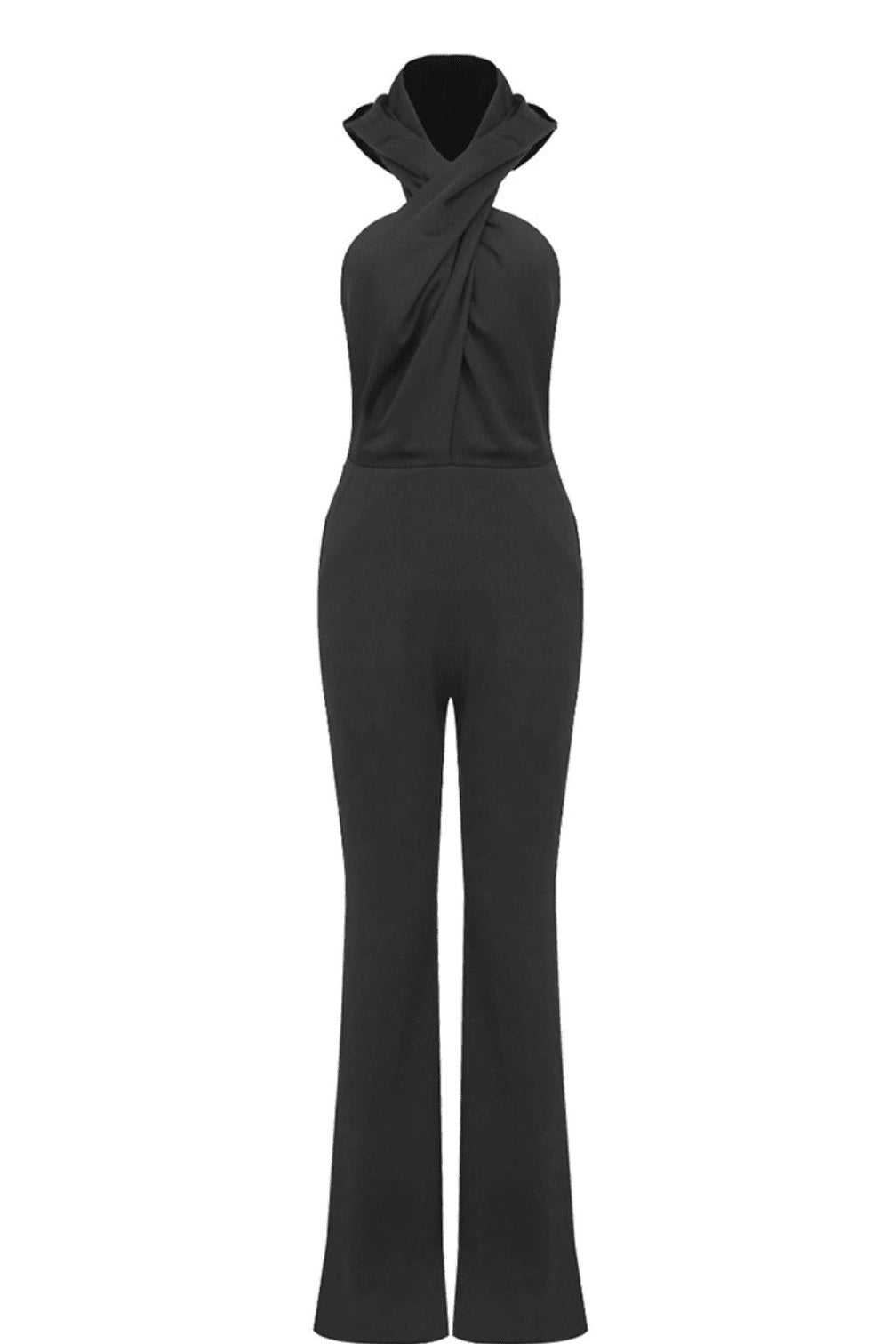 BLACK BACKLESS HOODED JUMPSUIT WITH SLIP POCKETS