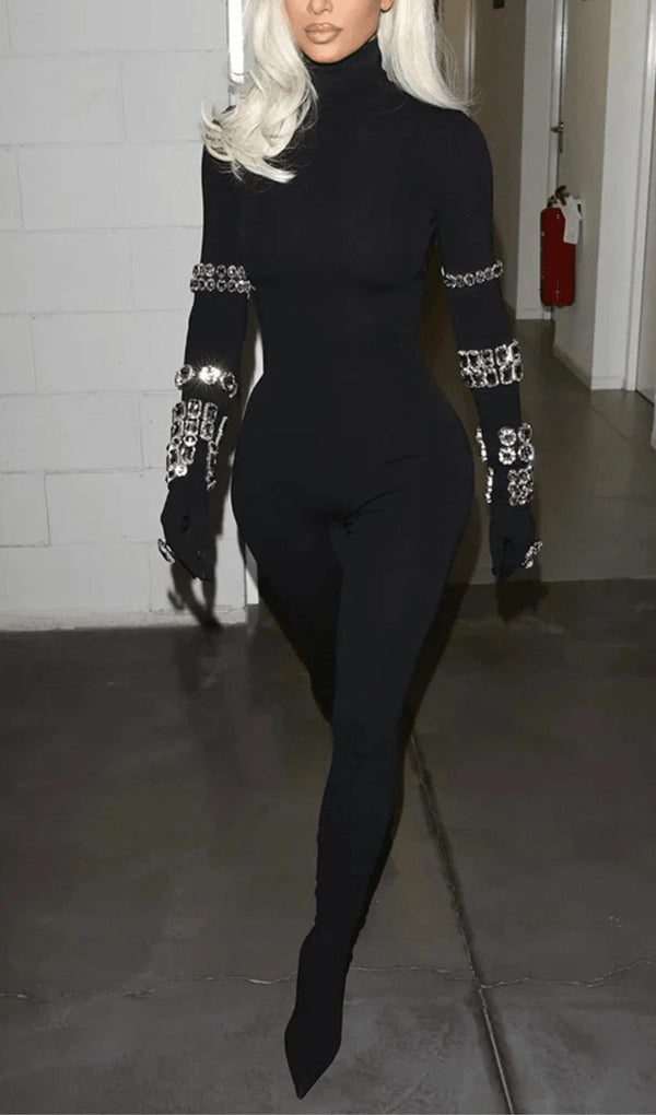 BLACK CRYSTAL EMBELLISHED TURTLENECK JUMPSUIT