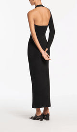 BLACK ONE-SLEEVE ELASTIC BANDAGE MIDRIFF-BARING MAXI DRESS