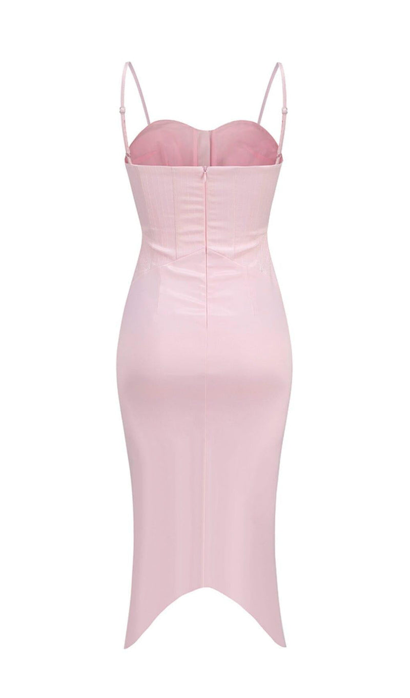 PERIWINKLE SATIN CORSET MIDI DRESS IN PINK