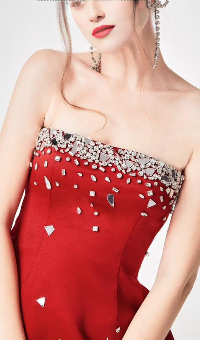 RED CRYSTAL-EMBELLISHED STRAPLESS MINI DRESS