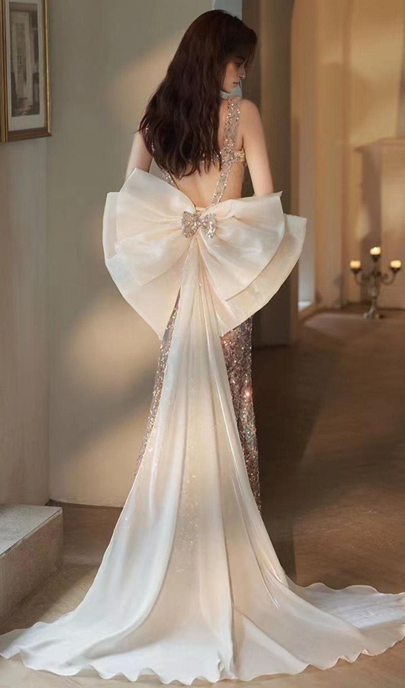 SEQUIN GAUZE BOW MAXI DRESS