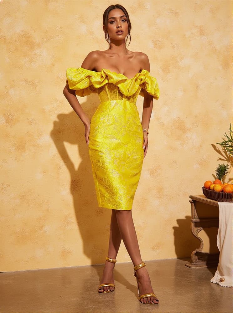 Giselle Jacquard Off Shoulder Midi Dress In Yellow