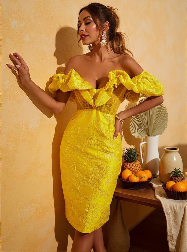 Giselle Jacquard Off Shoulder Midi Dress In Yellow