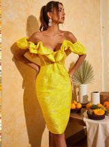 Giselle Jacquard Off Shoulder Midi Dress In Yellow