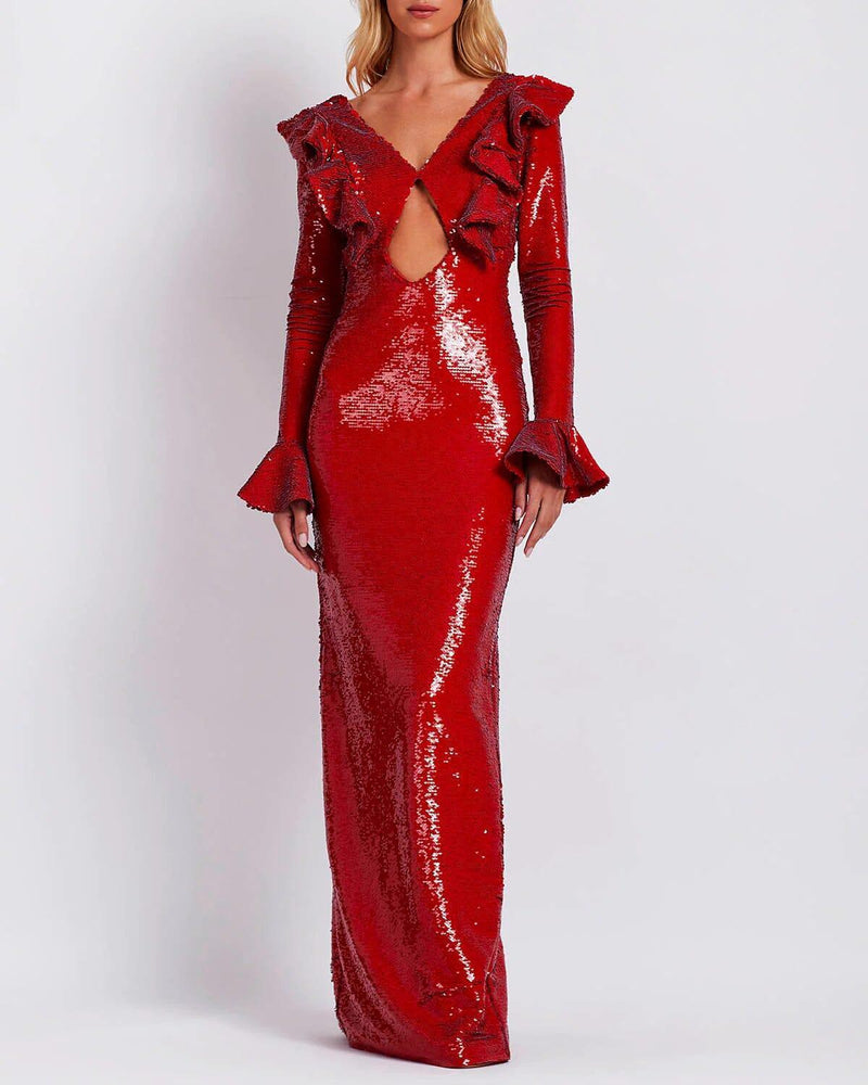 RED SEQUIN BACKLESS MAXI DRESS