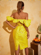 Giselle Jacquard Off Shoulder Midi Dress In Yellow