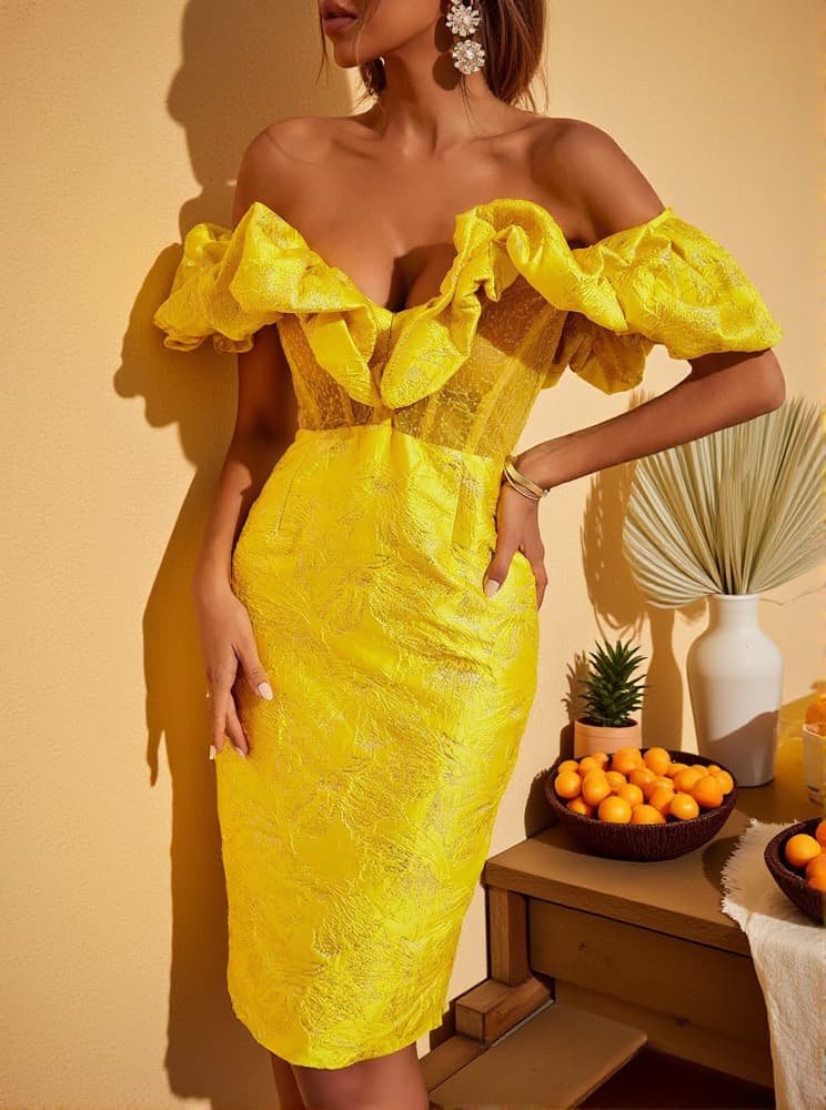 Giselle Jacquard Off Shoulder Midi Dress In Yellow