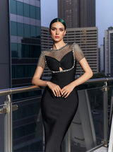 Rainey Crystal Mesh Bandage Midi Dress