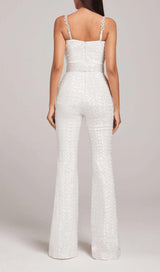 SEQUINED DIAMANTE STRAP FLARED JUMPSUIT WITH BELT IN WHITE