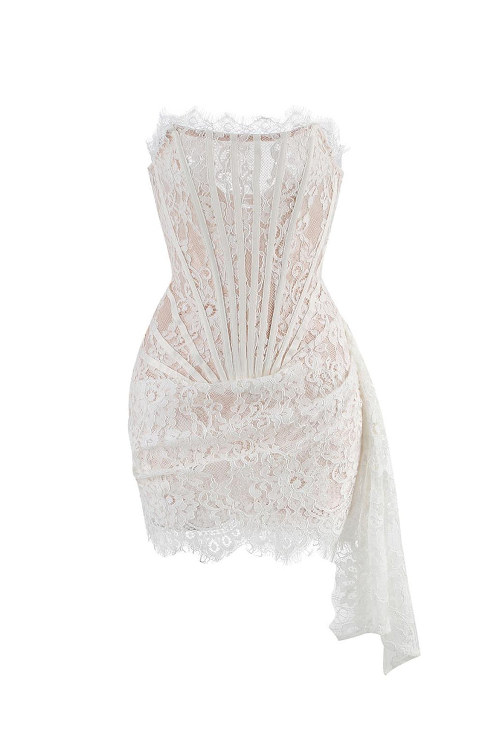 STRAPLESS LACE APPLIQUES MINI DRESS IN WHITE