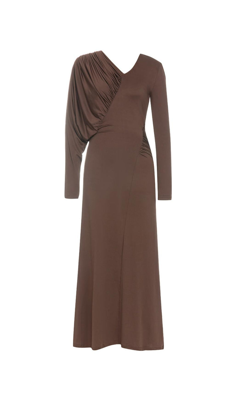 V-NECK BROWN MAXI BODYCON DRESS