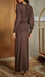 V-NECK BROWN MAXI BODYCON DRESS