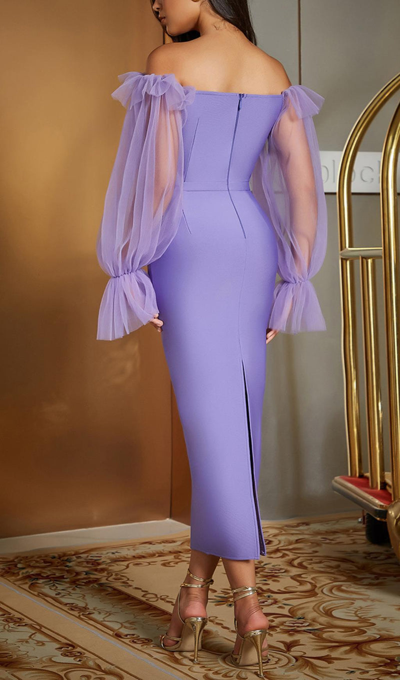 PURPLE MESH LONG SLEEVE MIDI DRESS