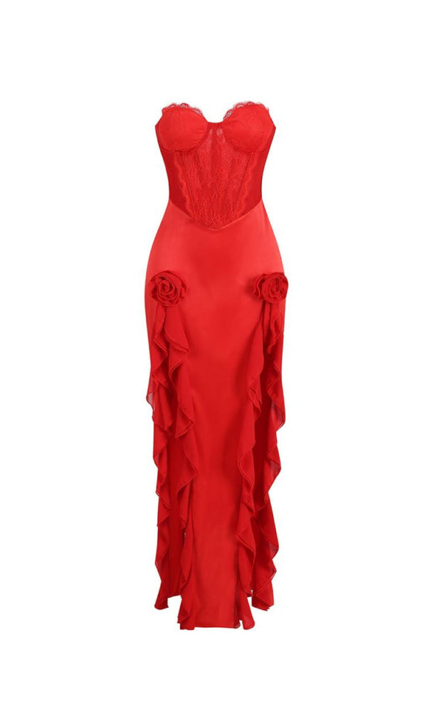 RED SATIN LACE CORSET MAXI DRESS