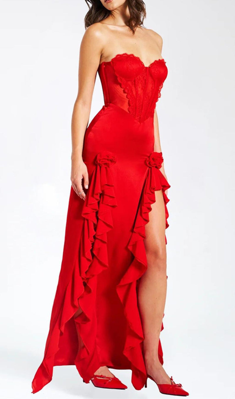 RED SATIN LACE CORSET MAXI DRESS