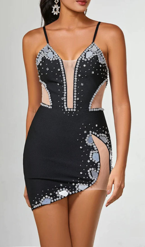 RHINESTONE SPAGHETTI STRAP DRESS IN BLACK